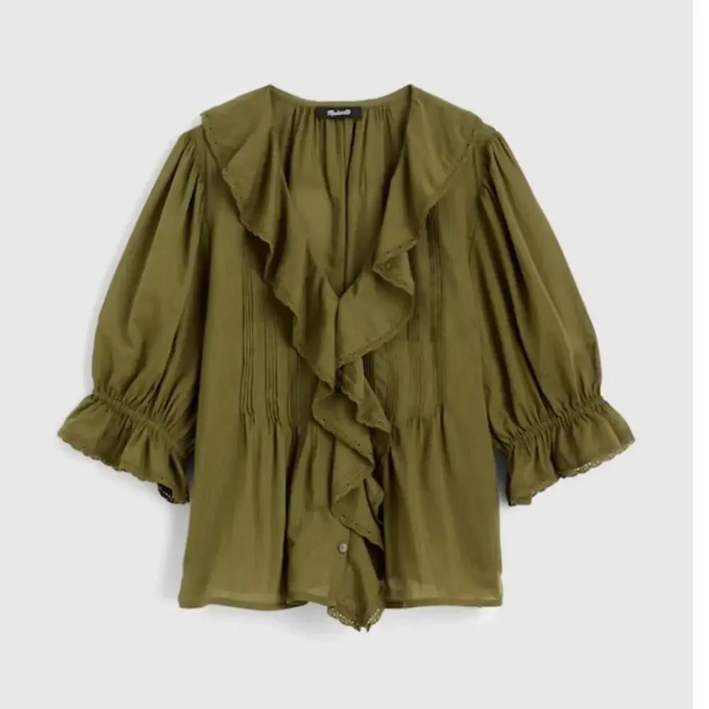 NWT Madewell Pintucked Ruffled Puff-Sleeve Top Green L
